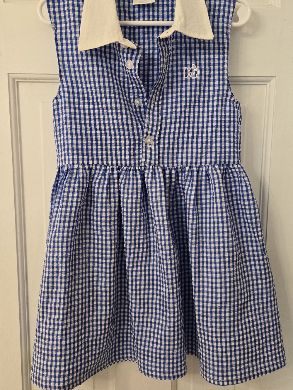 Girls Blue and White Gingham Sleeveless Dress with Collar